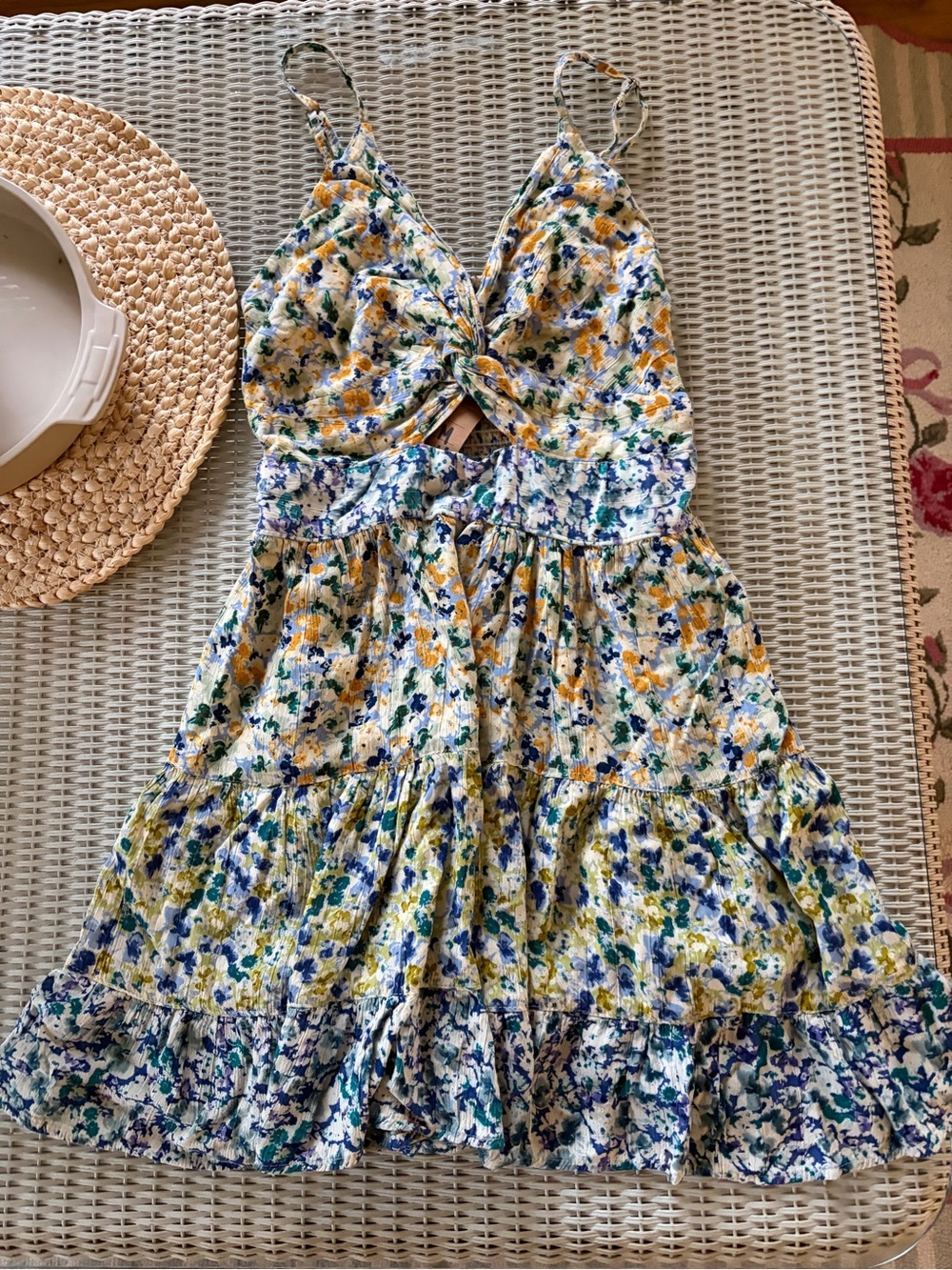 Angie Floral Twist-Front Mini Dress in White, Yellow & Blue